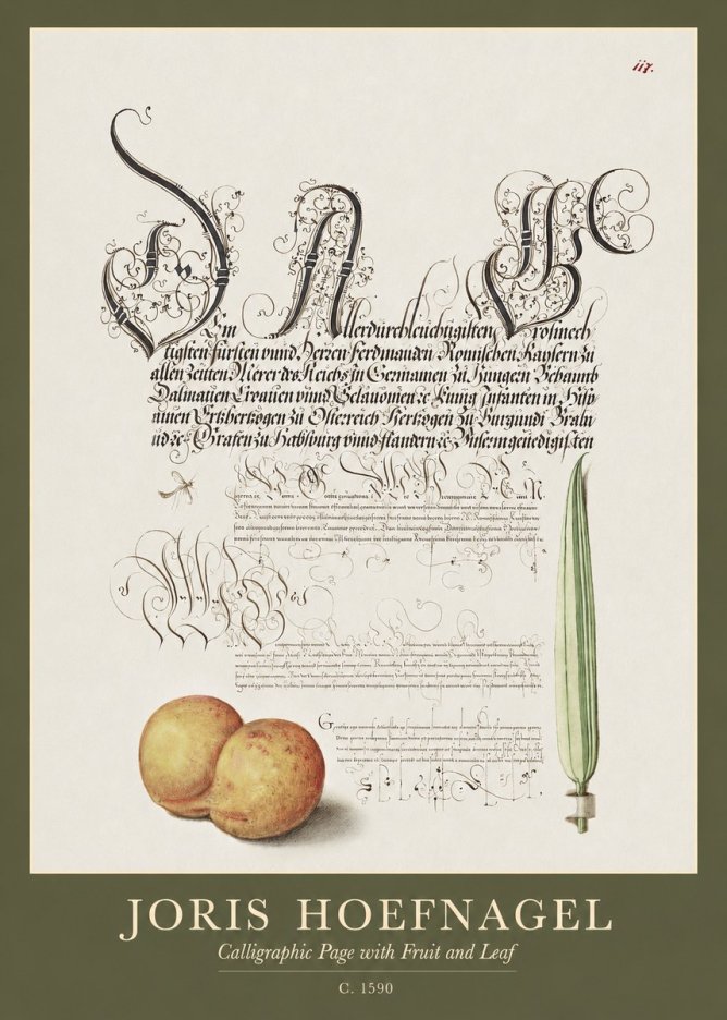 Joris Hoefnagel Calligraphic Page with Fruit and Leaf No1 - Póster
