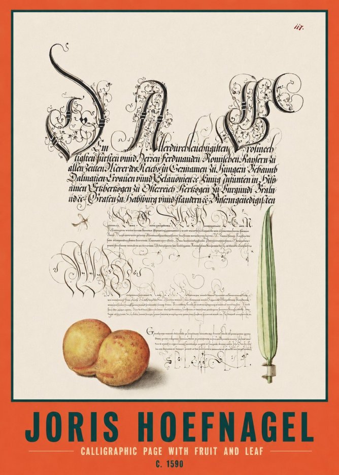 Joris Hoefnagel Calligraphic Page with Fruit and Leaf No2 - Póster