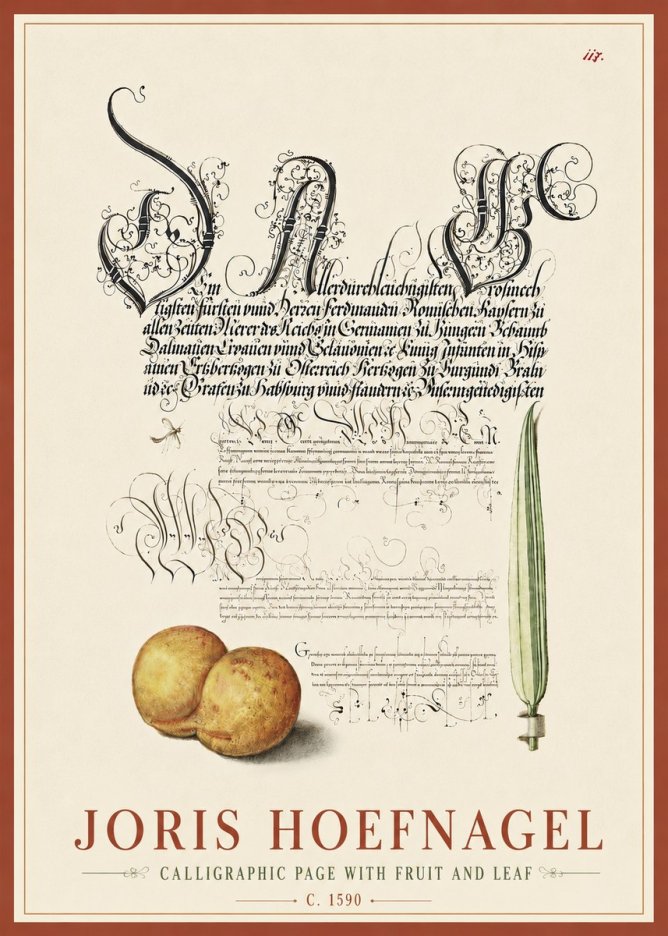 Joris Hoefnagel Calligraphic Page with Fruit and Leaf No6 - Póster