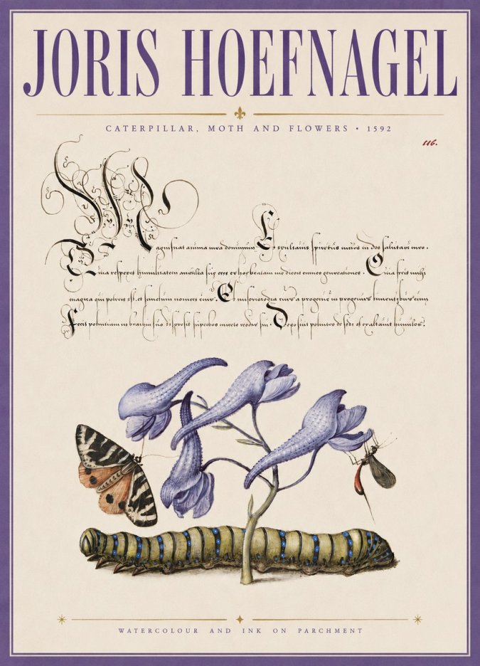 Joris Hoefnagel Caterpillar, Moth and Flowers No3 - Póster