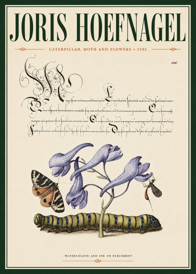 Joris Hoefnagel Caterpillar, Moth and Flowers No4 - Póster