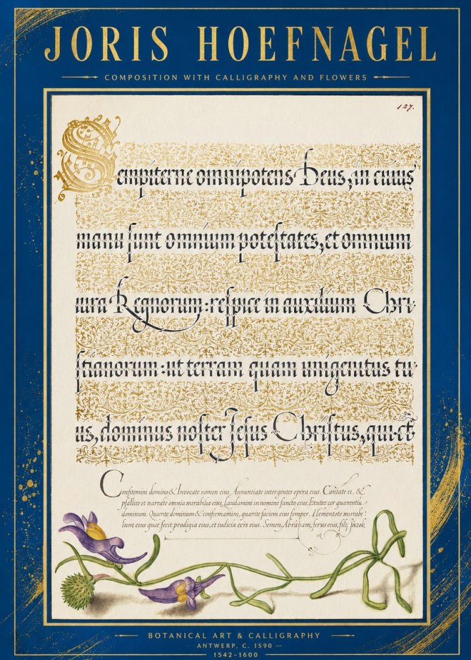 Joris Hoefnagel Composition with Calligraphy and Flowers No2 - Póster
