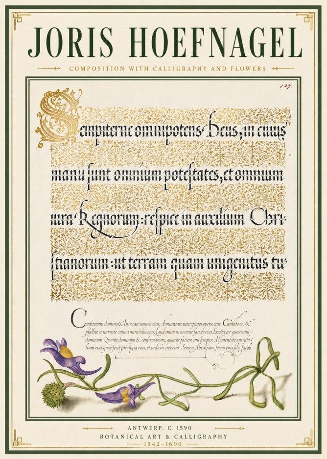 Joris Hoefnagel Composition with Calligraphy and Flowers No6 - Póster