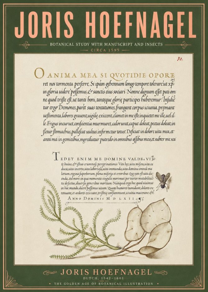 Joris Hoefnagel Botanical Study with Manuscript and Insects No6 - Póster