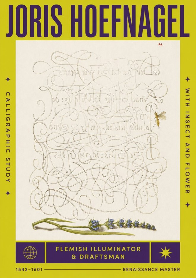 Joris Hoefnagel Calligraphic Study with Insect and Flower No4 - Póster