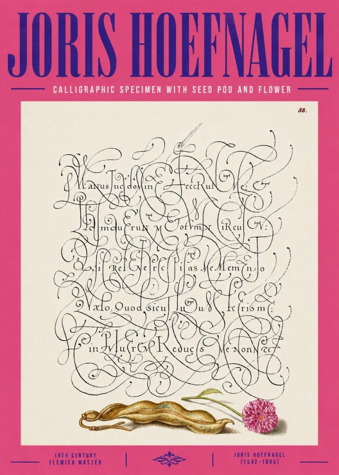 Joris Hoefnagel Calligraphic Specimen with Seed Pod and Flower No4 - Póster