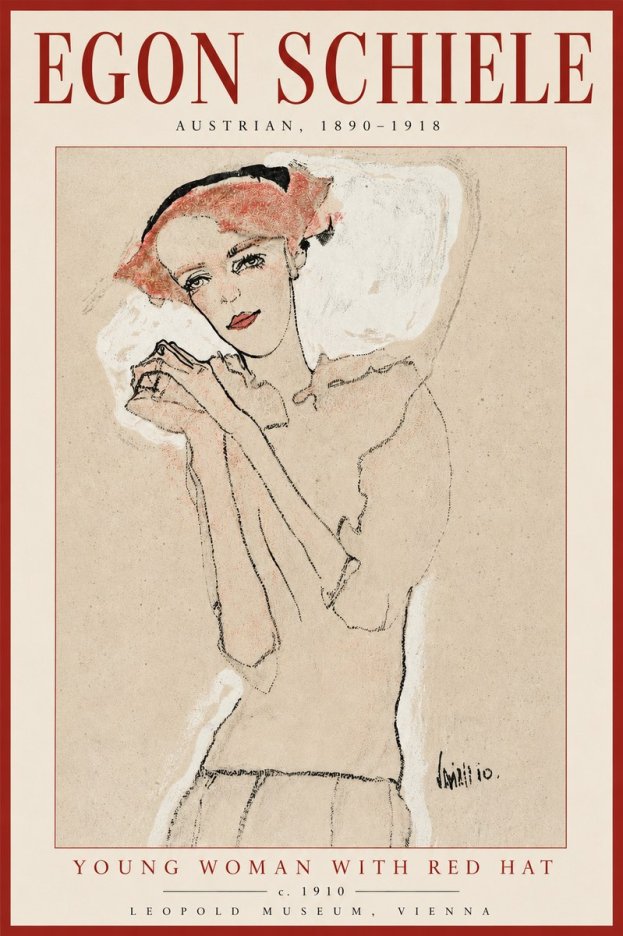 Schiele Young Woman with Red Hat No2 - Póster
