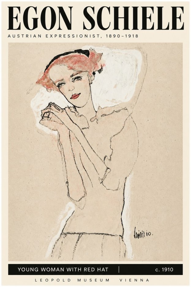 Schiele Young Woman with Red Hat No3 - Póster