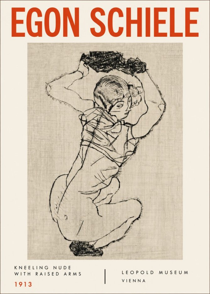 Schiele Kneeling Nude with Raised Arms No4 - Póster