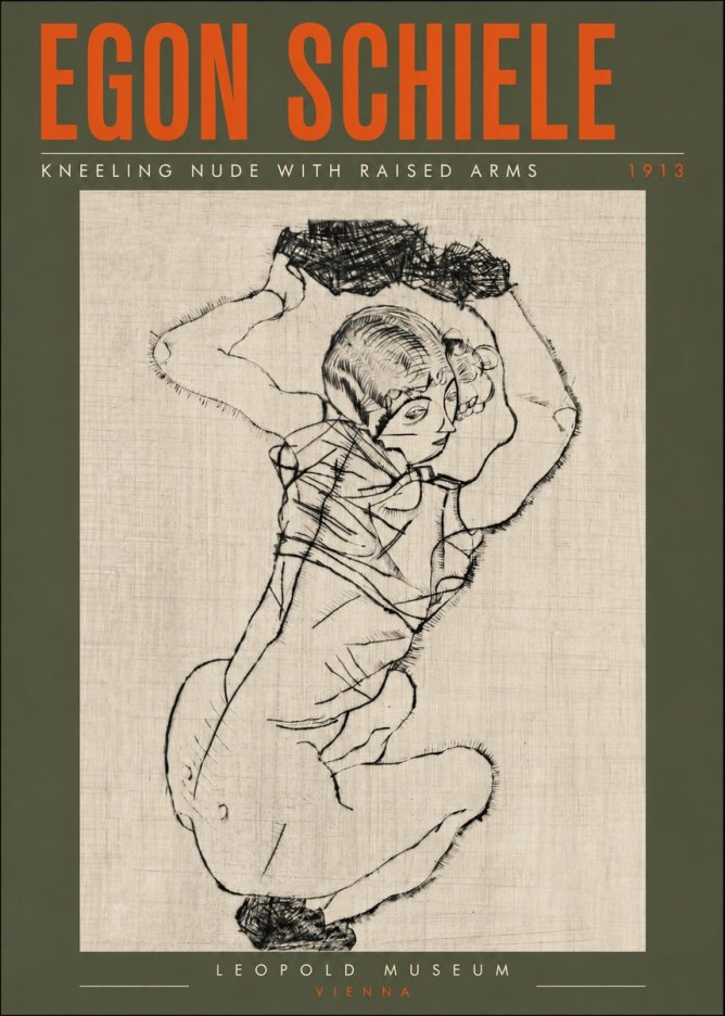Schiele Kneeling Nude with Raised Arms No6 - Póster