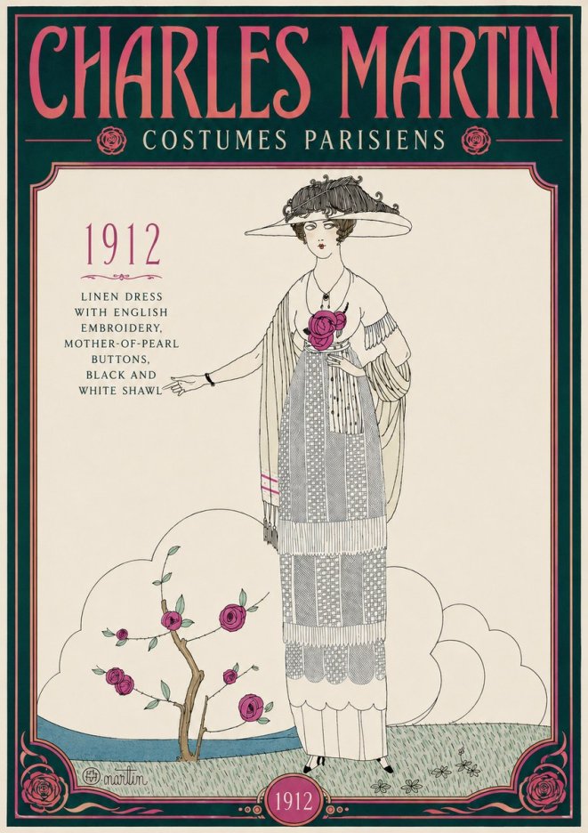 Charles Martin Linen Dress with English Embroidery, Mother-of-pearl Buttons, Black and White Shawl No4 - Póster