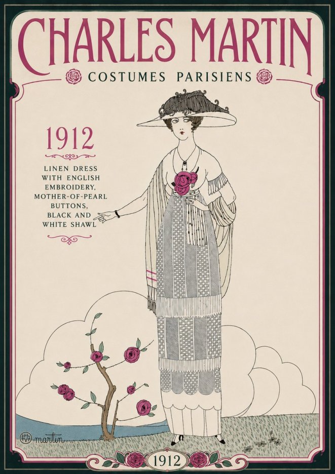 Charles Martin Linen Dress with English Embroidery, Mother-of-pearl Buttons, Black and White Shawl No6 - Póster