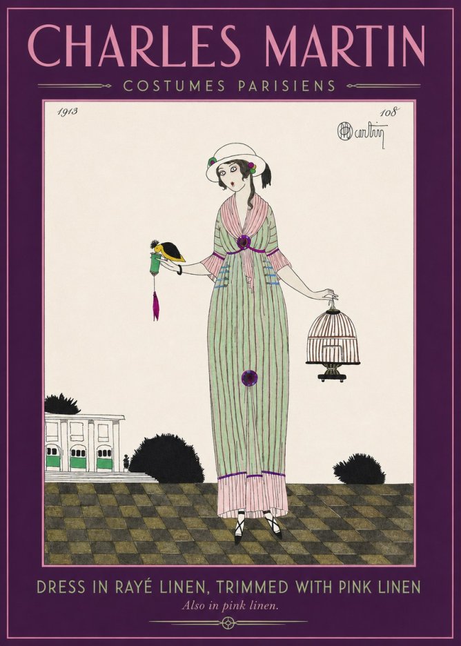 Charles Martin Dress in Rayé Linen, Trimmed with Pink Linen No2 - Póster