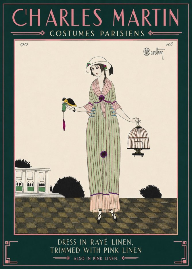 Charles Martin Dress in Rayé Linen, Trimmed with Pink Linen No4 - Póster