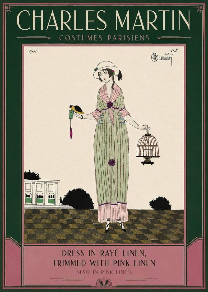 Charles Martin Dress in Rayé Linen, Trimmed with Pink Linen No6 - Póster