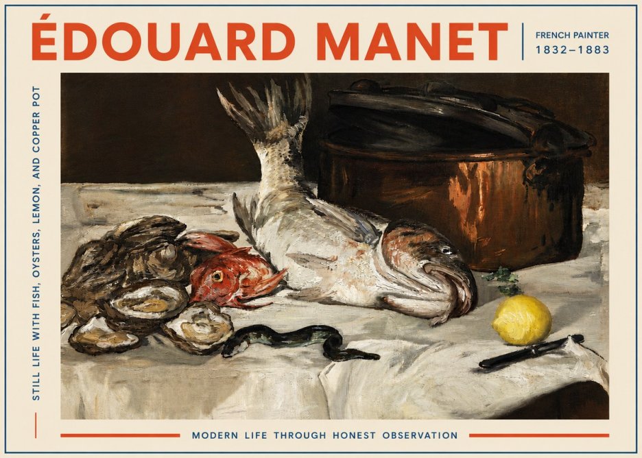 Édouard Manet Still Life with Fish, Oysters, Lemon, and Copper Pot No5 - Póster