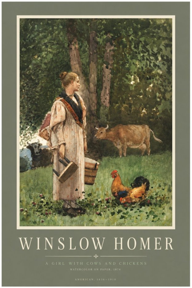 Winslow Homer A Girl with Cows and Chickens No3 - Póster