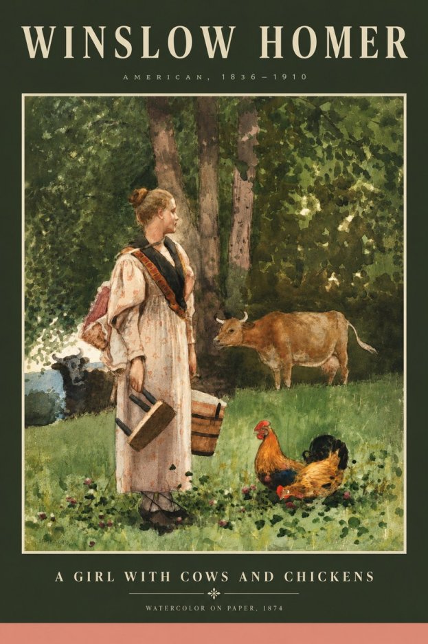 Winslow Homer A Girl with Cows and Chickens No5 - Póster