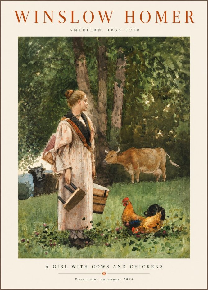 Winslow Homer A Girl with Cows and Chickens No6 - Póster