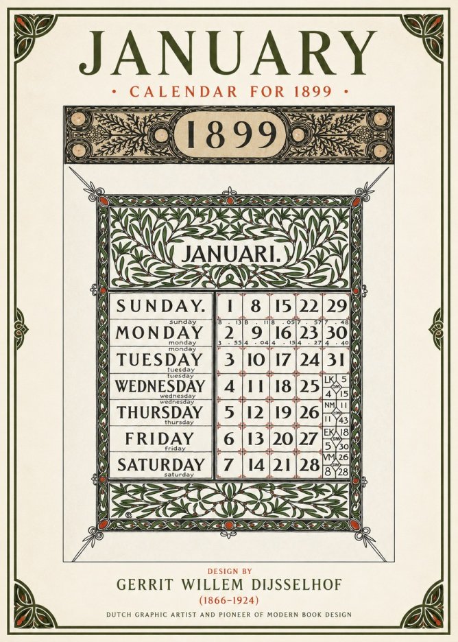 Gerrit Willem Dijsselhof January. Calendar for 1899. No1 - Póster