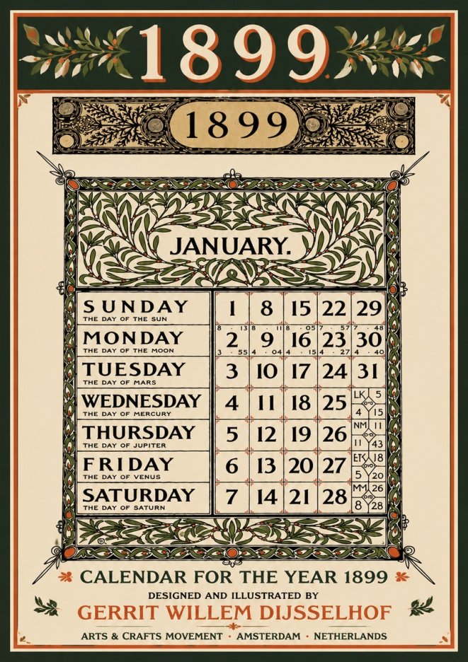 Gerrit Willem Dijsselhof January. Calendar for 1899. No5 - Póster
