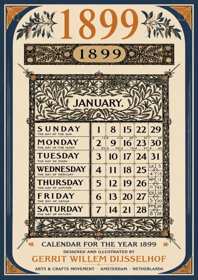 Gerrit Willem Dijsselhof January. Calendar for 1899. No6 - Póster