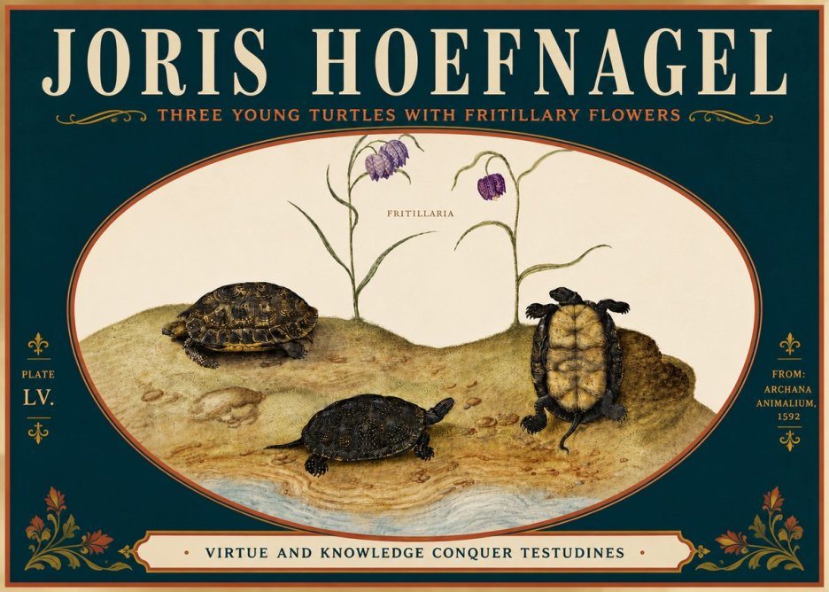 Joris Hoefnagel Three Young Turtles with Fritillary Flowers No6 - Póster