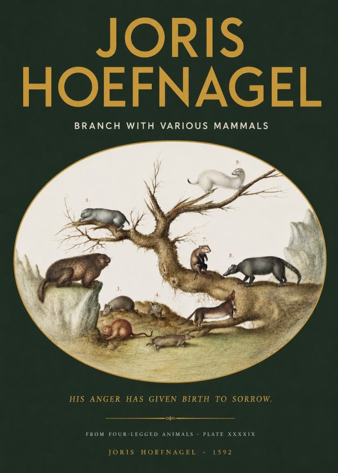 Joris Hoefnagel Branch with Various Mammals No2 - Póster