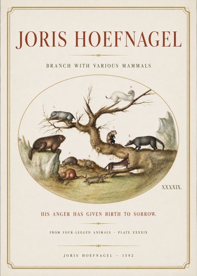Joris Hoefnagel Branch with Various Mammals No3 - Póster