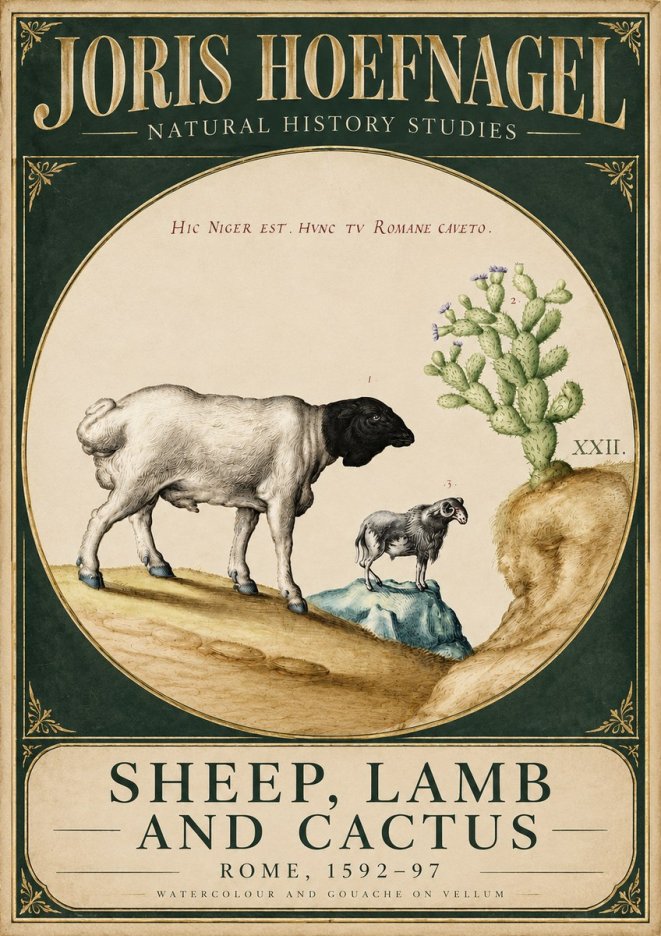 Joris Hoefnagel Sheep and Lamb with Flowering Cactus No6 - Póster