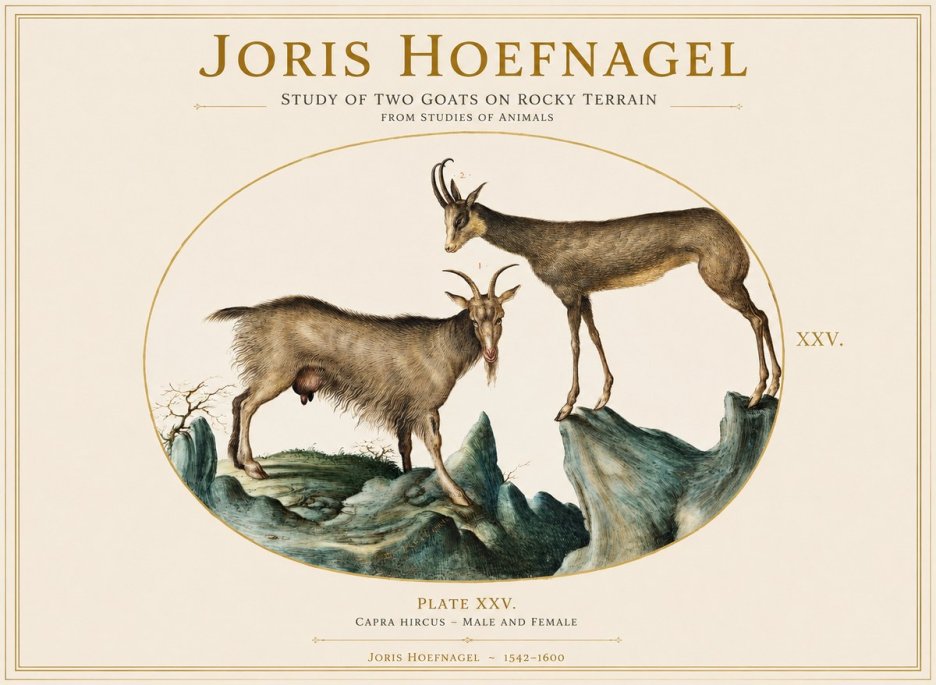 Joris Hoefnagel Study of Two Goats on Rocky Terrain No1 - Póster