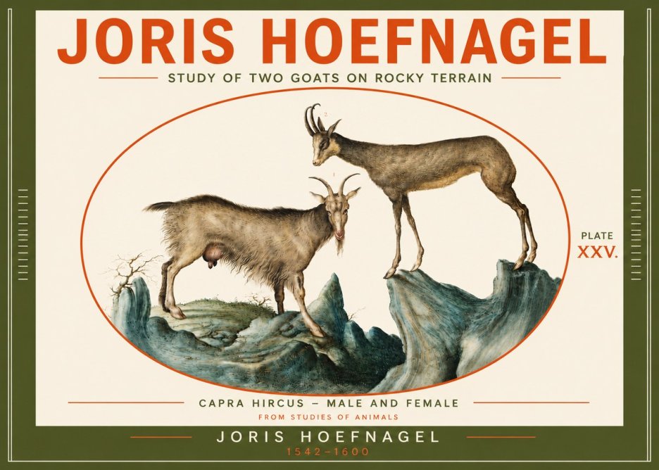 Joris Hoefnagel Study of Two Goats on Rocky Terrain No4 - Póster