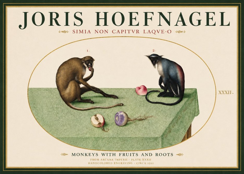 Joris Hoefnagel Monkeys with Fruits and Roots No3 - Póster