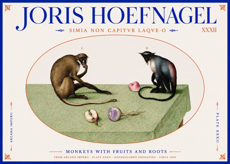 Joris Hoefnagel Monkeys with Fruits and Roots No4 - Póster
