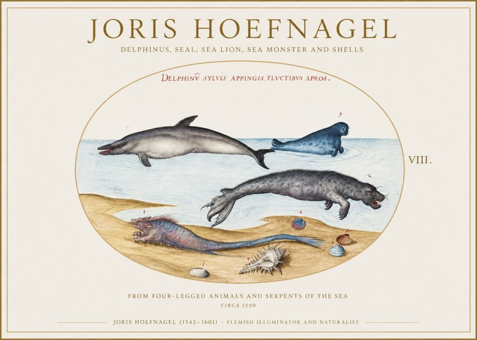 Joris Hoefnagel Delphinus, Seal, Sea Lion, Sea Monster and Shells No1 - Póster