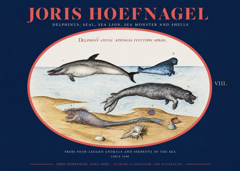 Joris Hoefnagel Delphinus, Seal, Sea Lion, Sea Monster and Shells No2 - Póster
