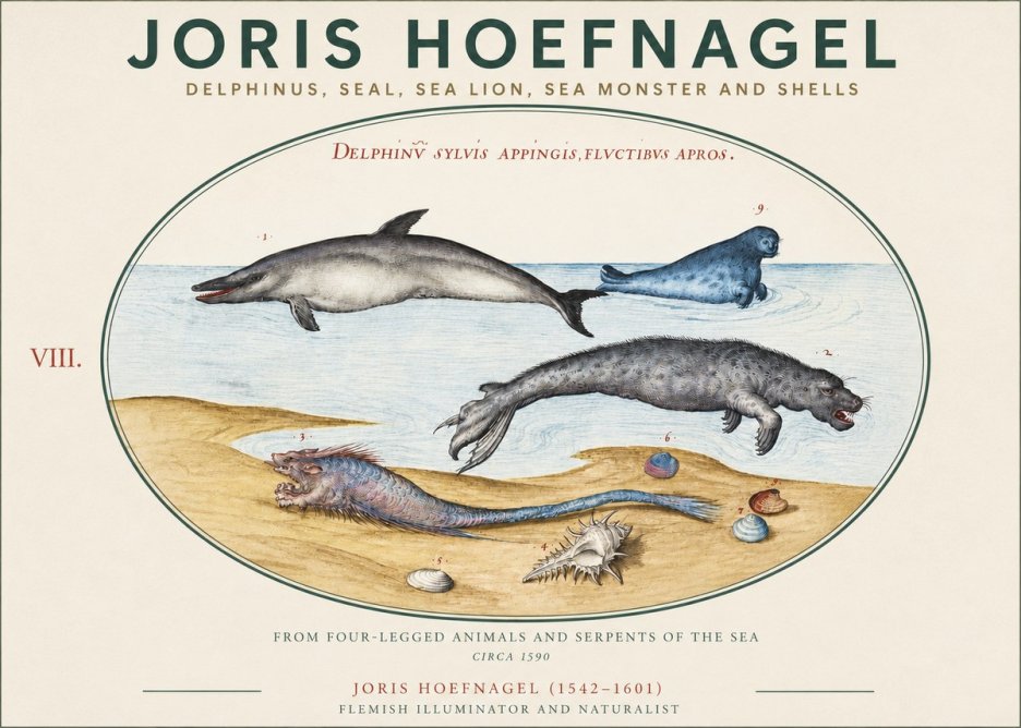 Joris Hoefnagel Delphinus, Seal, Sea Lion, Sea Monster and Shells No3 - Póster