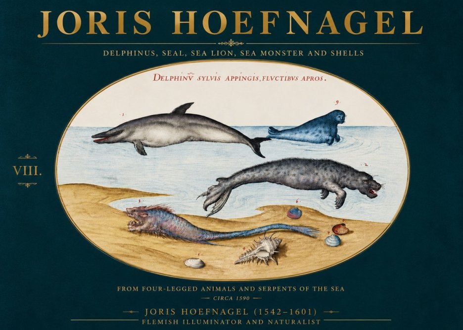 Joris Hoefnagel Delphinus, Seal, Sea Lion, Sea Monster and Shells No4 - Póster