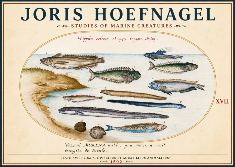 Joris Hoefnagel Plate Xvii from "De Piscibus Et Aquatilibus Animalibus" No3 - Póster