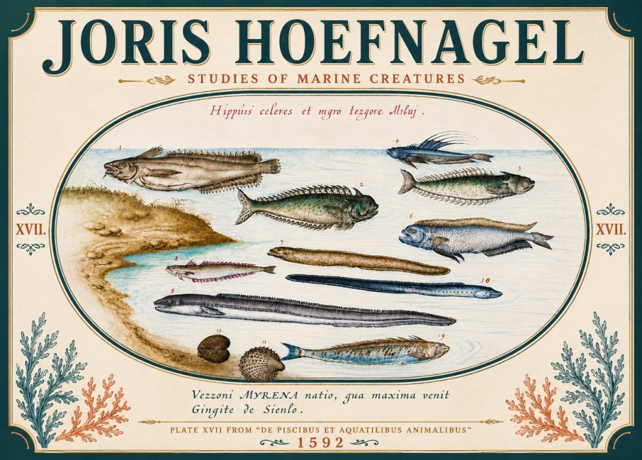 Joris Hoefnagel Plate Xvii from "De Piscibus Et Aquatilibus Animalibus" No6 - Póster