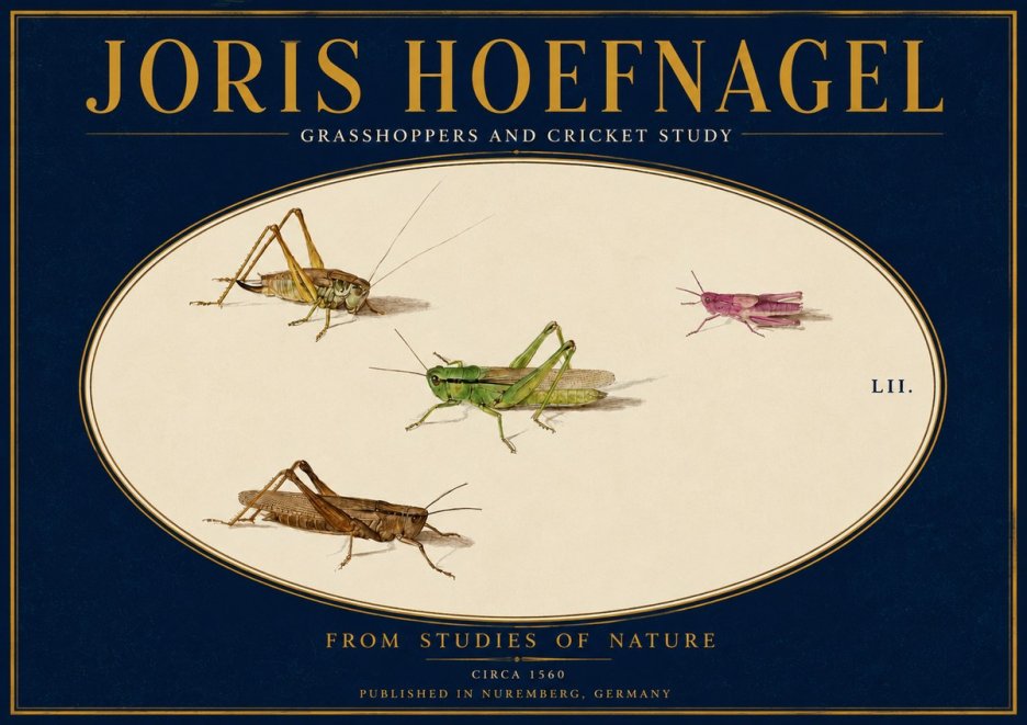 Joris Hoefnagel Three Grasshoppers and a Locust No4 - Póster
