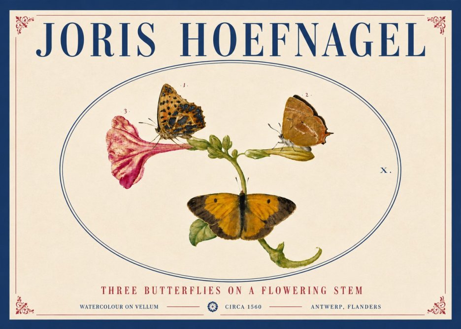 Joris Hoefnagel Three Butterflies on a Flowering Stem No5 - Póster