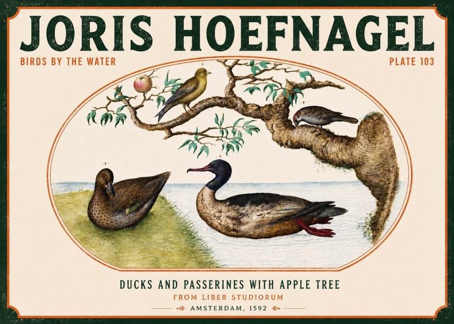 Joris Hoefnagel Ducks and Passerines with Apple Tree No4 - Póster