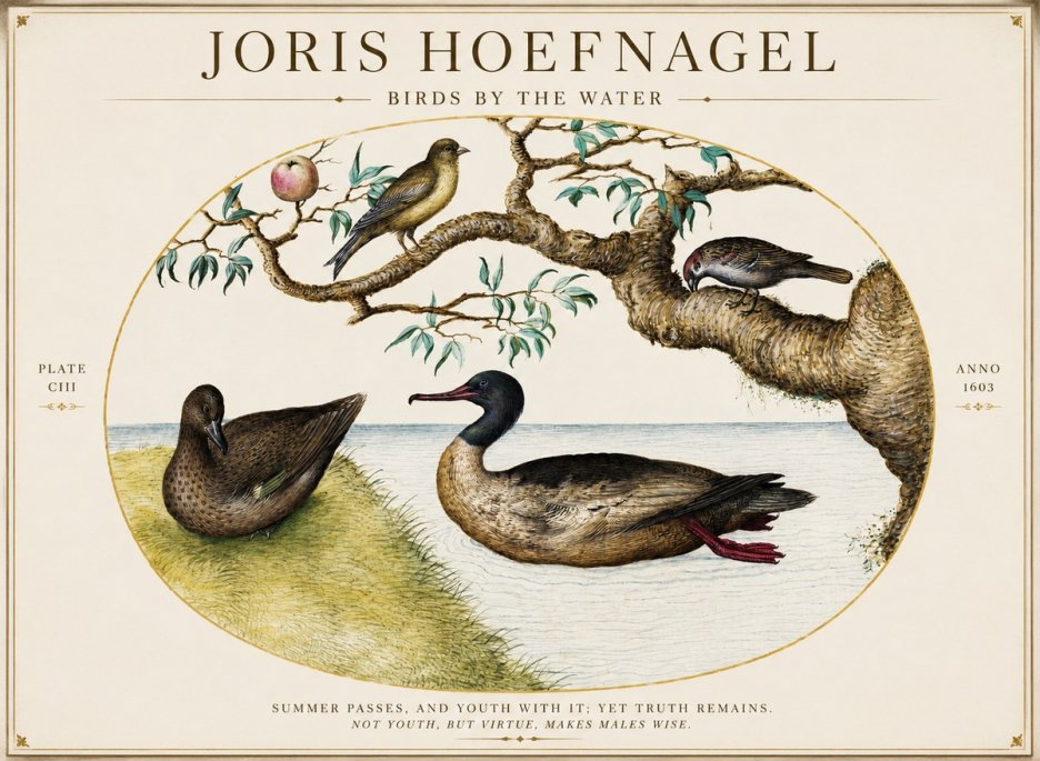 Joris Hoefnagel Ducks and Passerines with Apple Tree No5 - Póster