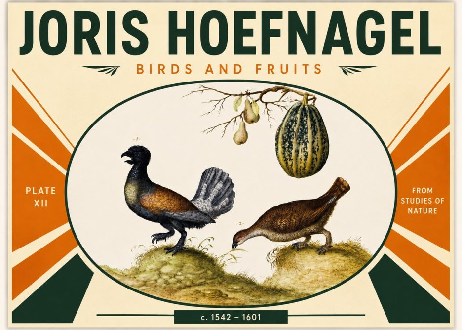 Joris Hoefnagel A Cock and Hen of the Woods with Pears and Gourd No3 - Póster