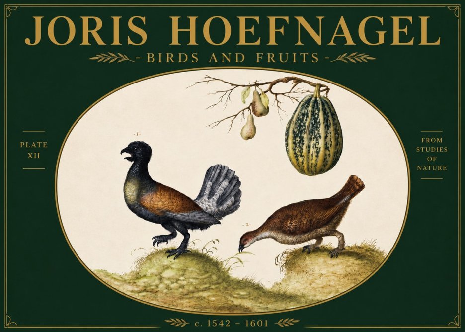Joris Hoefnagel A Cock and Hen of the Woods with Pears and Gourd No4 - Póster