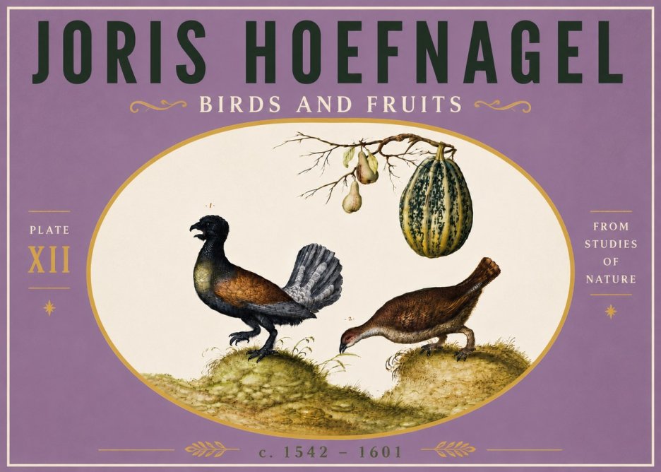 Joris Hoefnagel A Cock and Hen of the Woods with Pears and Gourd No6 - Póster