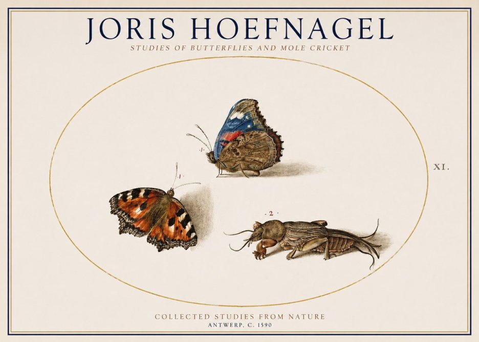 Joris Hoefnagel Studies of Butterflies and Mole Cricket No1 - Póster
