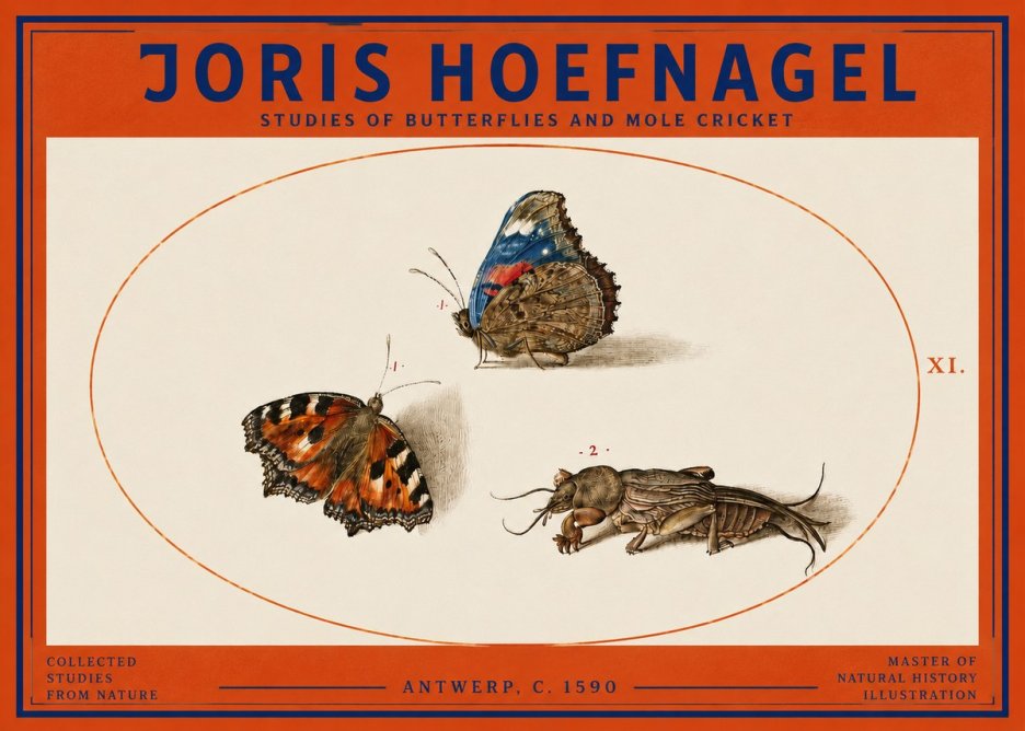 Joris Hoefnagel Studies of Butterflies and Mole Cricket No3 - Póster