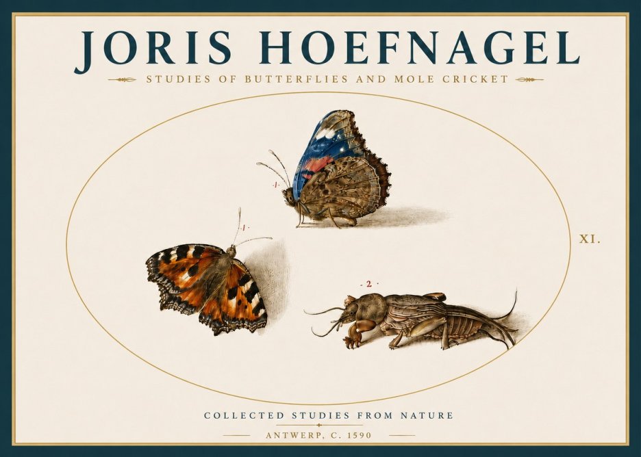 Joris Hoefnagel Studies of Butterflies and Mole Cricket No4 - Póster